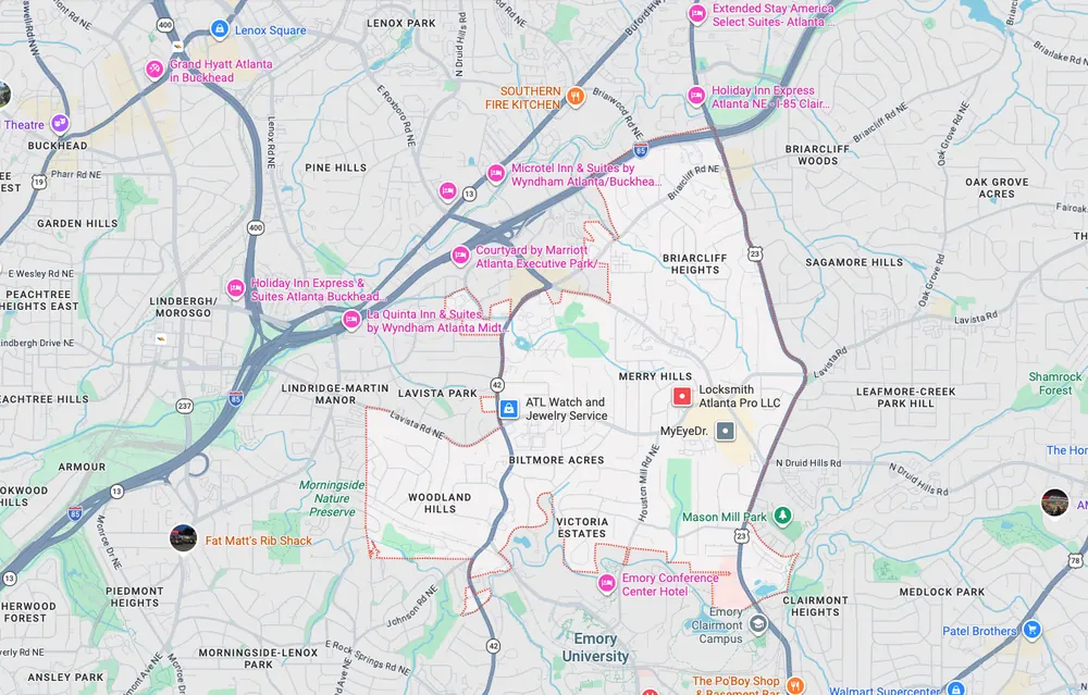 Garage door repair service area map in North Druid Hills GA