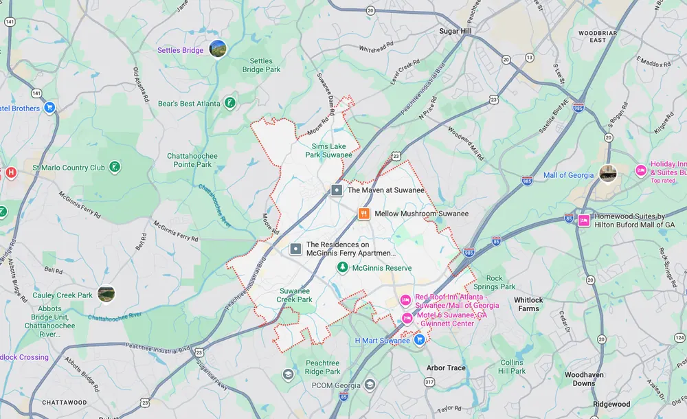 Garage door repair service area map in Suwanee GA