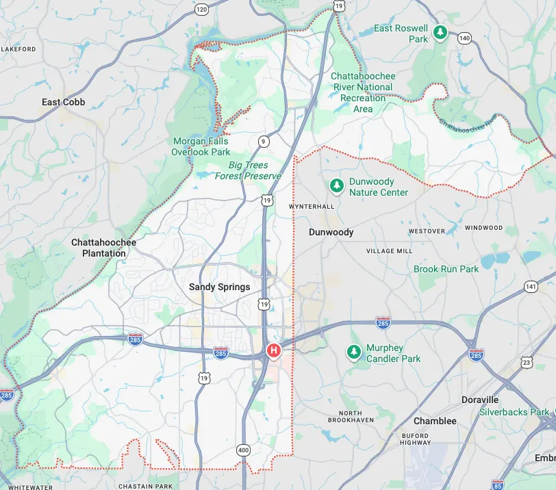 Garage door repair service area map in Sandy Springs GA