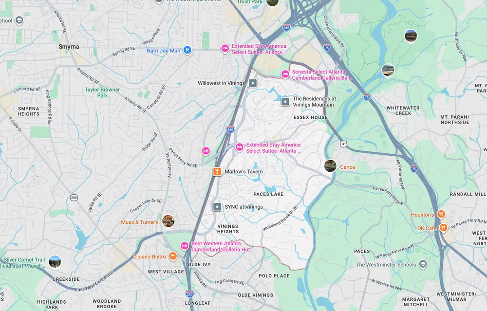 Garage door repair service area map in Vinings GA
