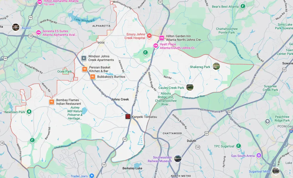 Garage door repair service area map in Johns Creek GA