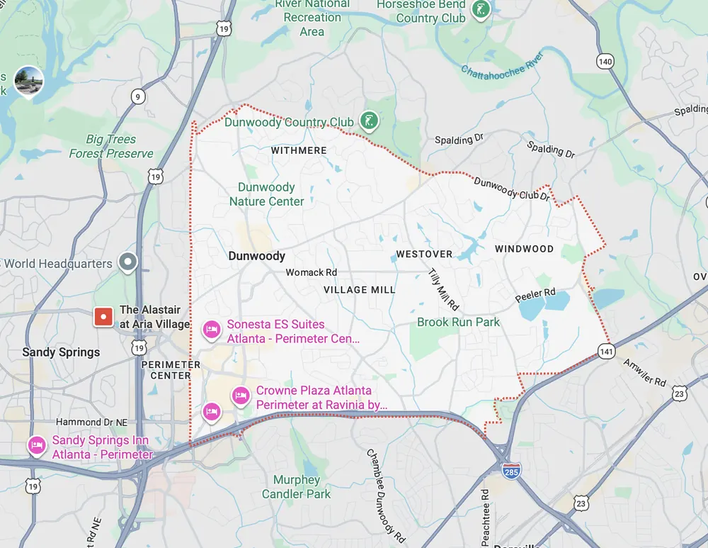 Garage door repair service area map in Dunwoody GA