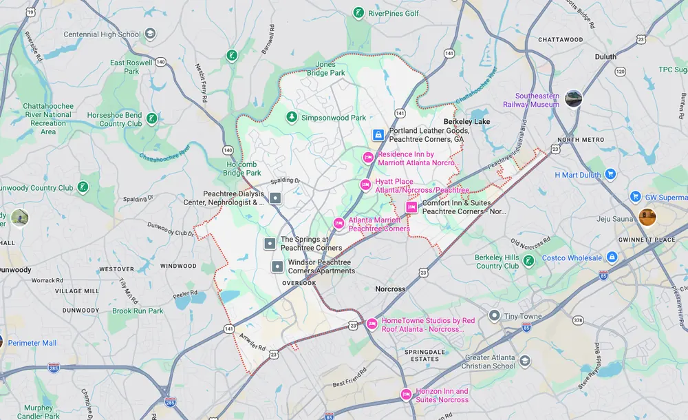 Garage door repair service area map in Peachtree Corners GA