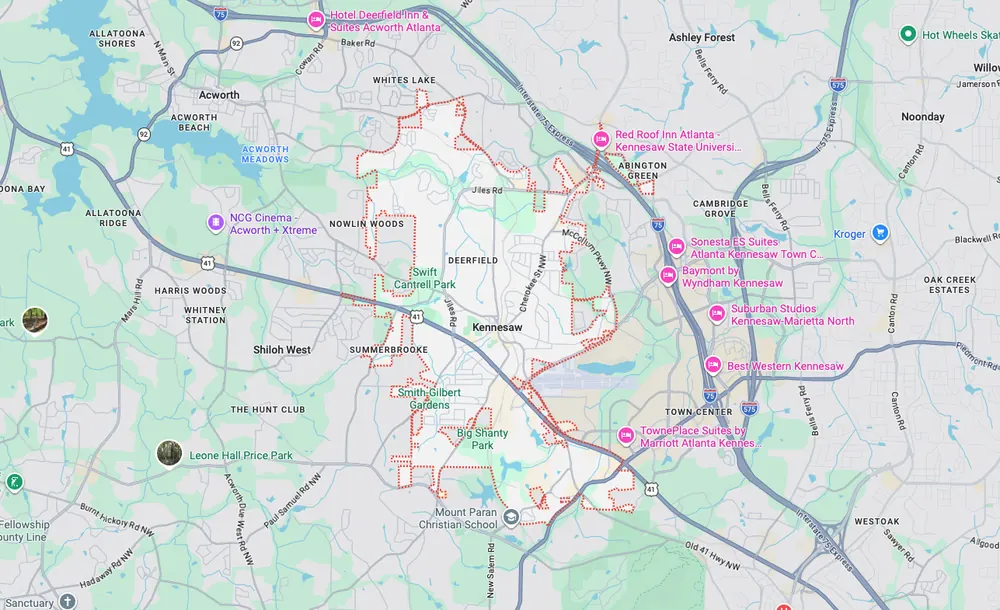 Garage door repair service area map in Kennesaw GA