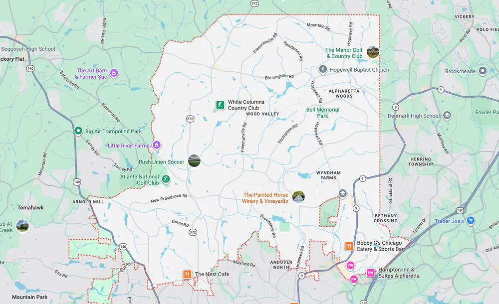 Garage door repair service area map in Milton GA
