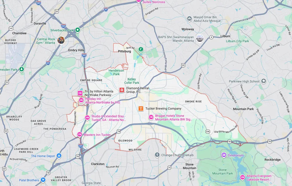 Garage door repair service area map in Tucker GA