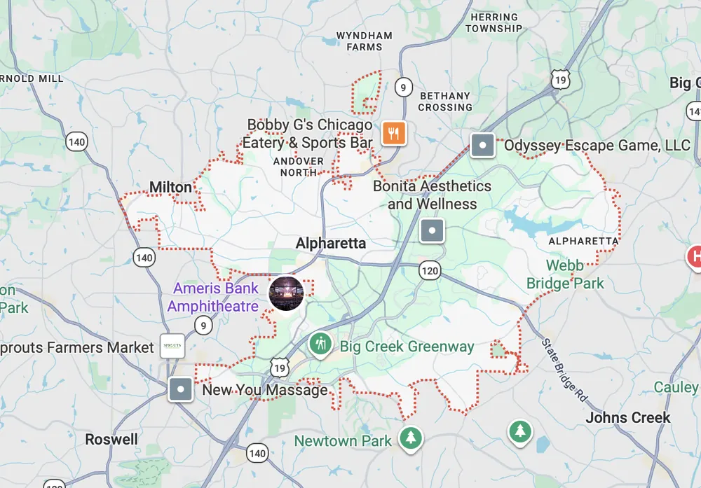 Garage door repair service area map in Alpharetta GA