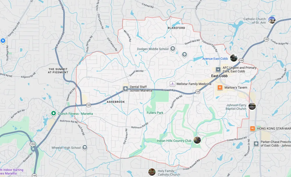 Garage door repair service area map in East Cobb GA
