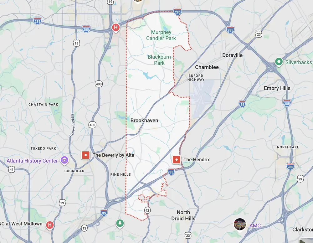 Garage door repair service area map in Brookhaven GA